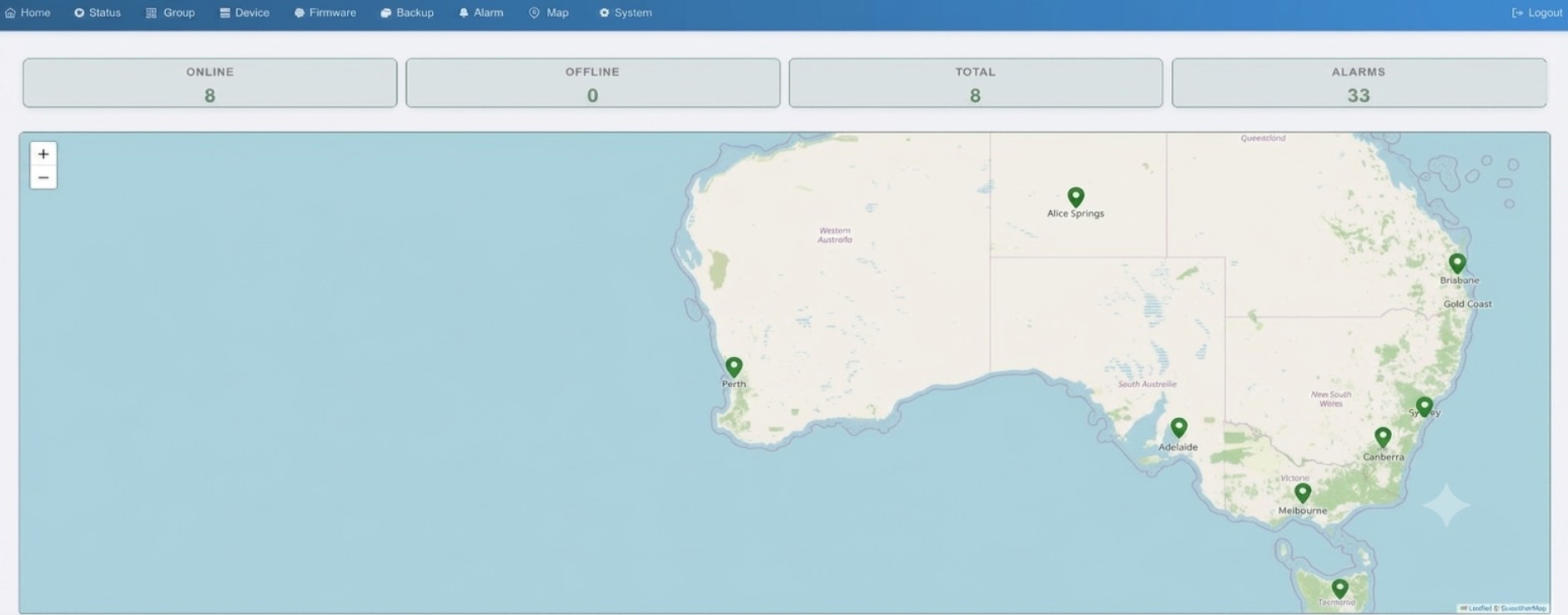 Comset Network Management System dashboard showing managed router locations, online status and alarm information.